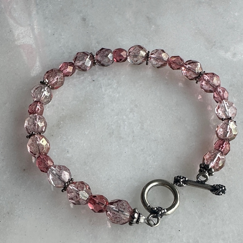 Elegant rose Pink Czech Crystal and Sterling silver Bracelet